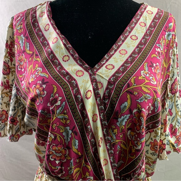 Burgundy Floral Print Butterfly Sleeve Dress - Picture 9 of 11